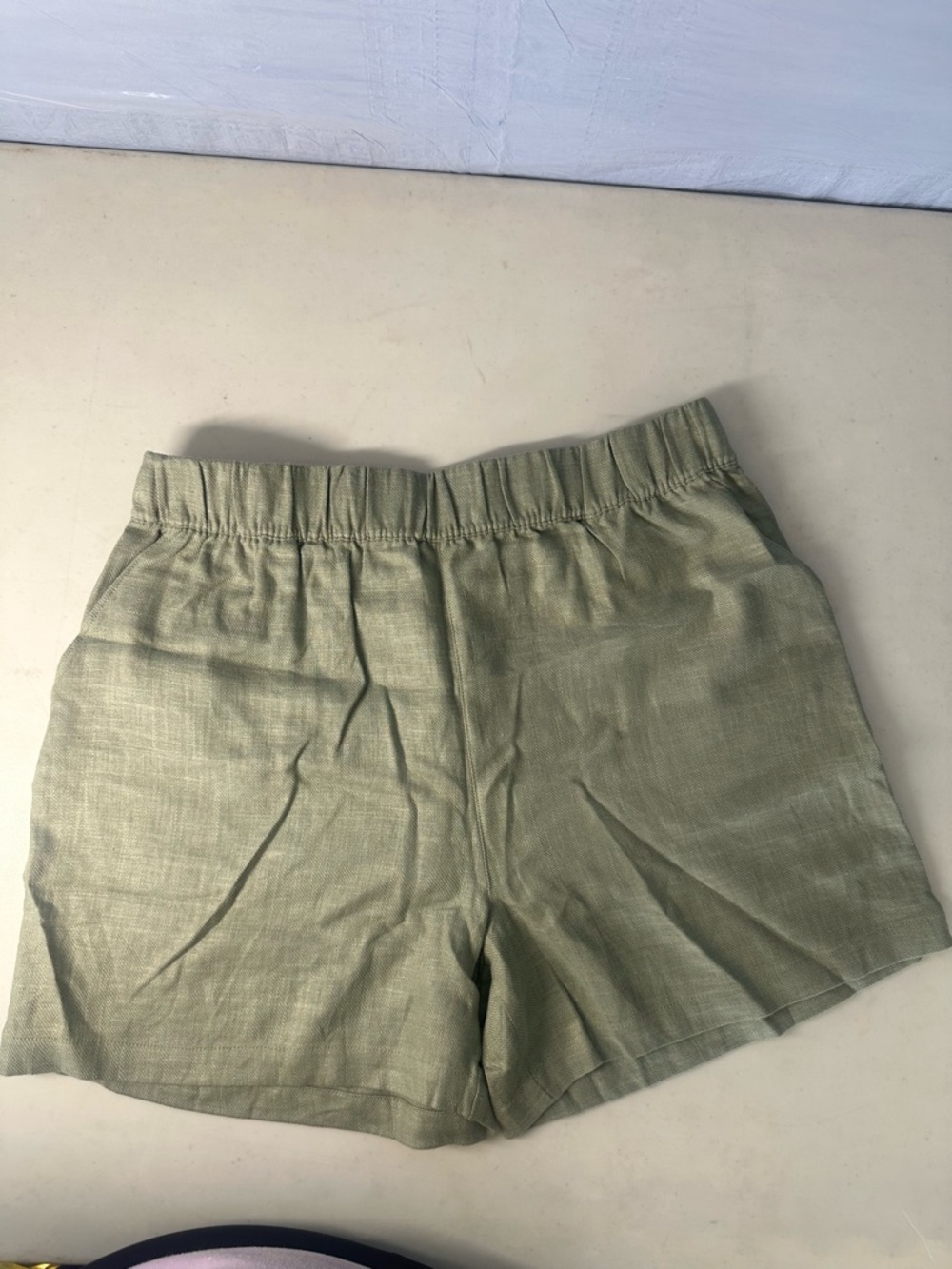 Blank NYC Light Olive Green Elastic-Waist Linen Shorts